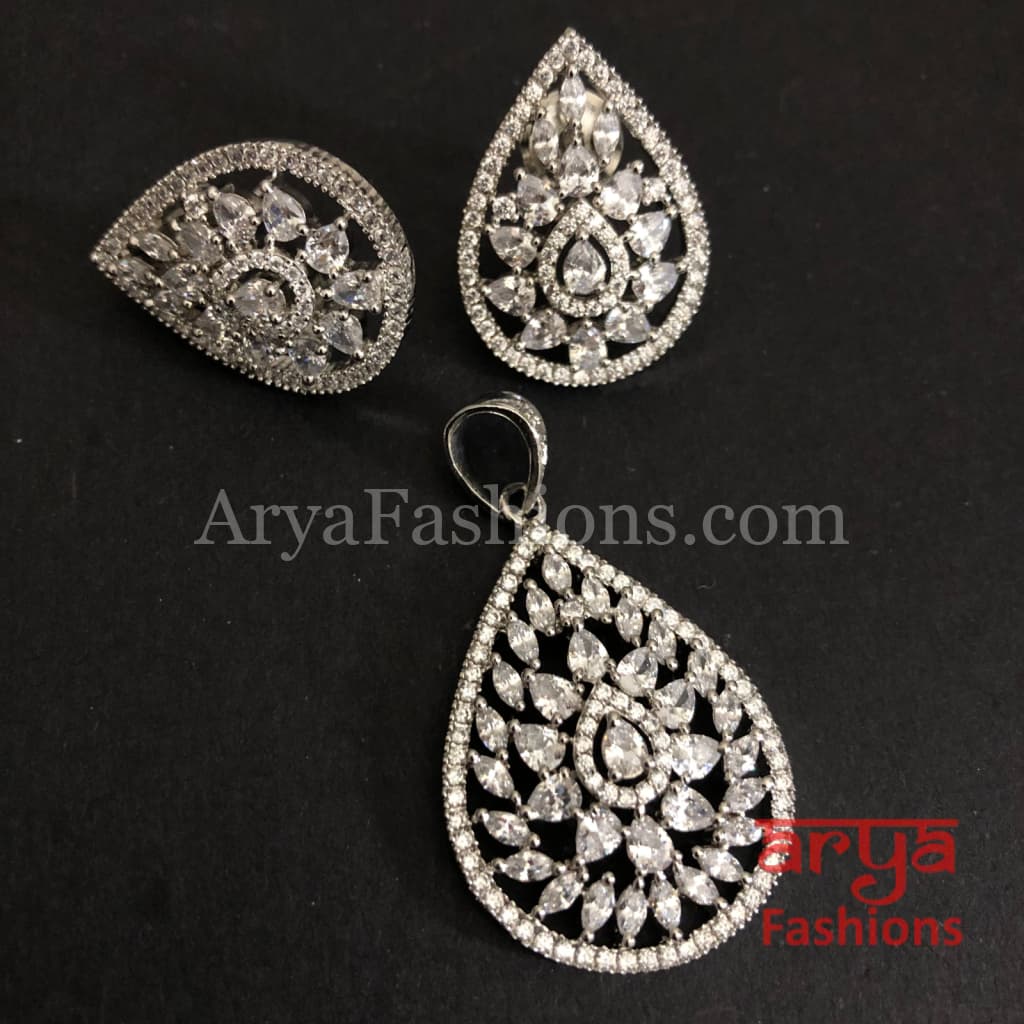 Diamond shaped Cubic Zirconia Pendant Set with Stud Earrings