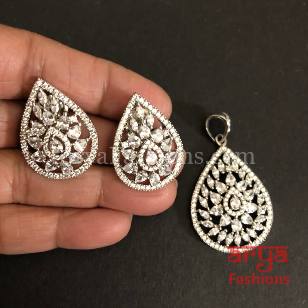 Diamond shaped Cubic Zirconia Pendant Set with Stud Earrings