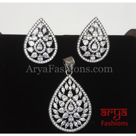 Diamond shaped Cubic Zirconia Pendant Set with Stud Earrings