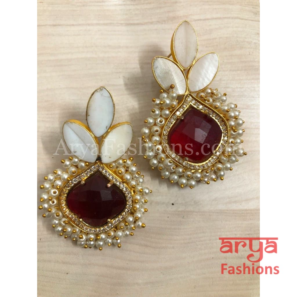 Druzy Stone Earrings/ Mother of Pearl Studs/MOP Gold plated Earrings with stones