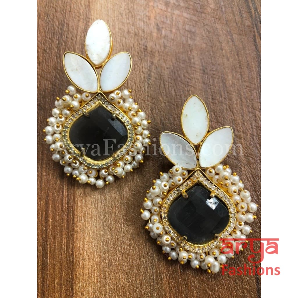Druzy Stone Earrings/ Mother of Pearl Studs/MOP Gold plated Earrings with stones