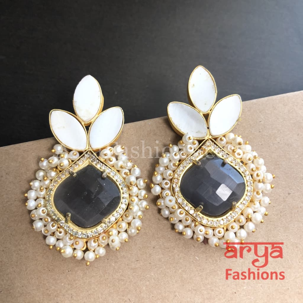 Druzy Stone Earrings/ Mother of Pearl Studs/MOP Gold plated Earrings with stones