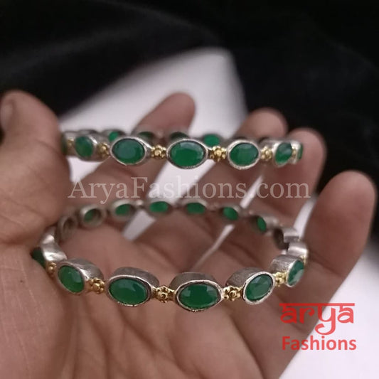 Dual tone bangles with Emerald Green stones Pair of 2 Bangles