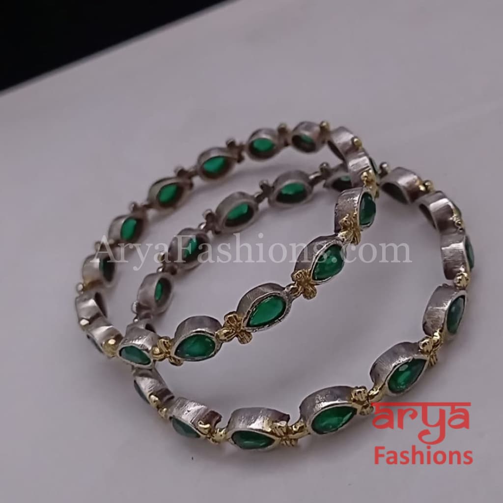 Dual tone bangles with Emerald Green stones Pair of 2 Bangles