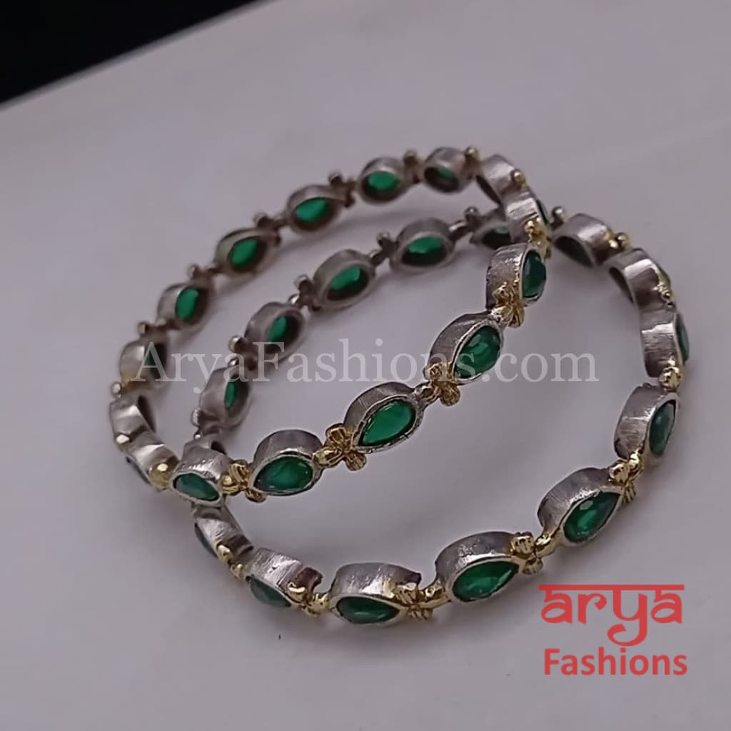 Dual tone bangles with Emerald Green stones Pair of 2 Bangles