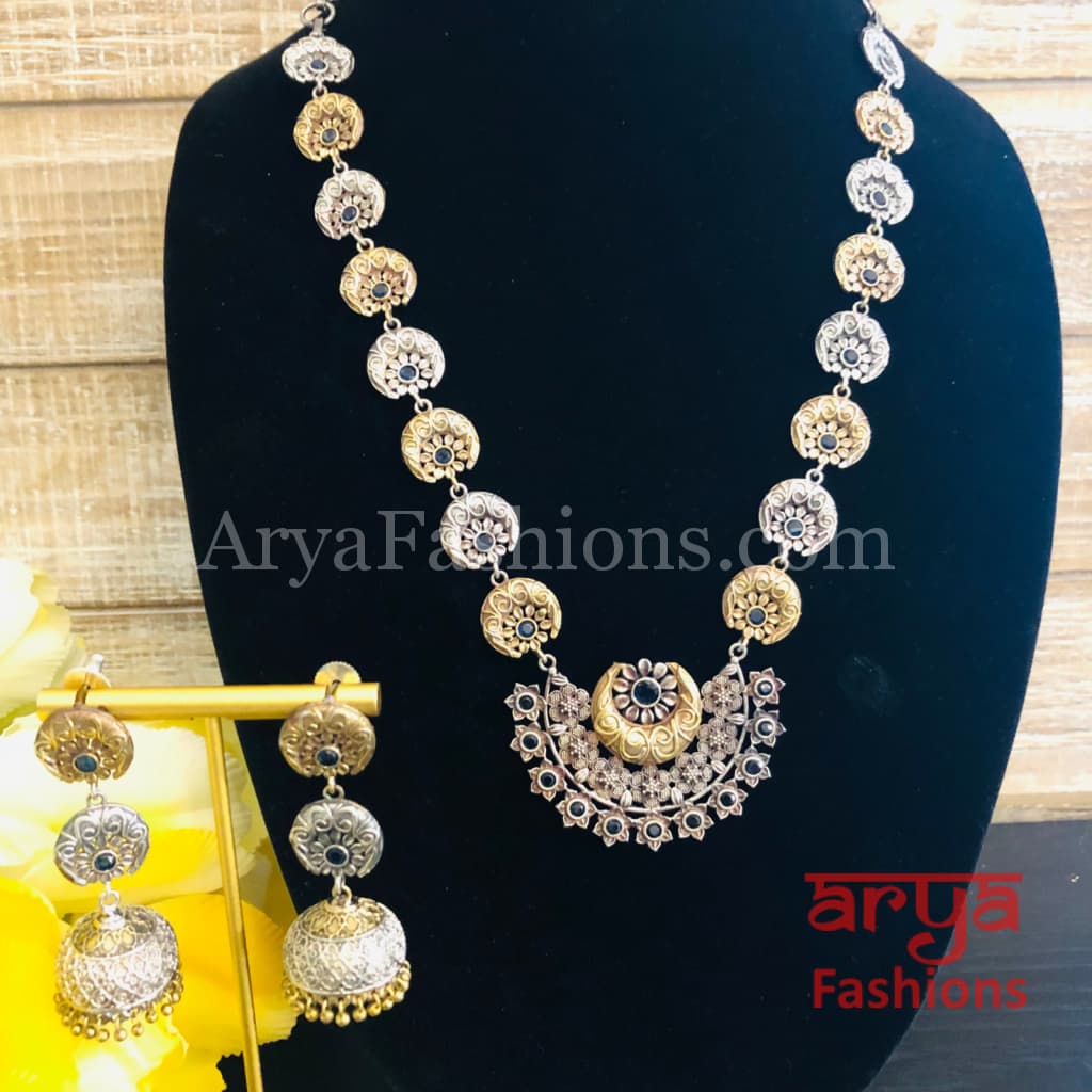 Dual tone Flower theme Oxidized Rajwadi Necklace with Golden beads Jhumkas