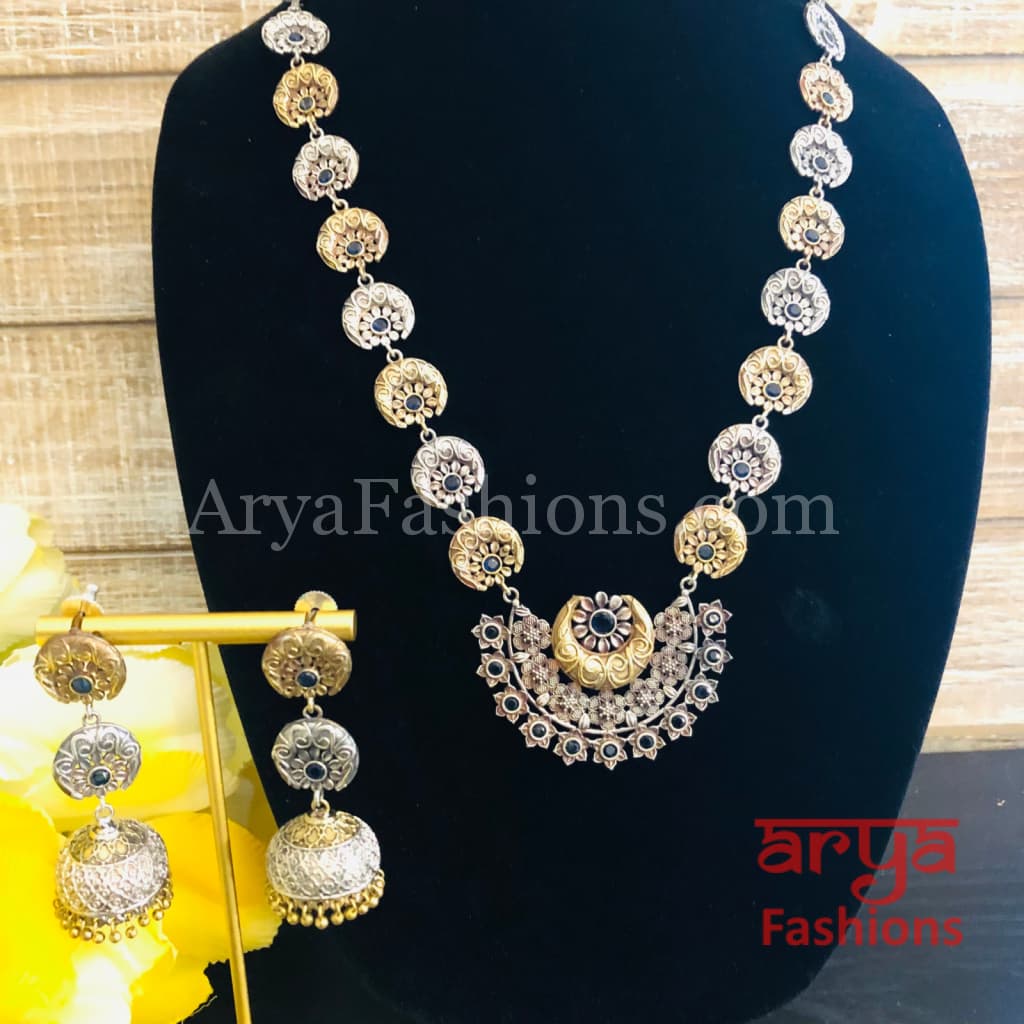Dual tone Flower theme Oxidized Rajwadi Necklace with Golden beads Jhumkas