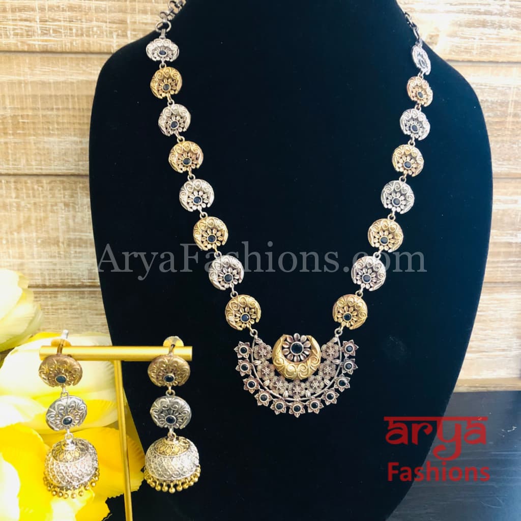 Dual tone Flower theme Oxidized Rajwadi Necklace with Golden beads Jhumkas