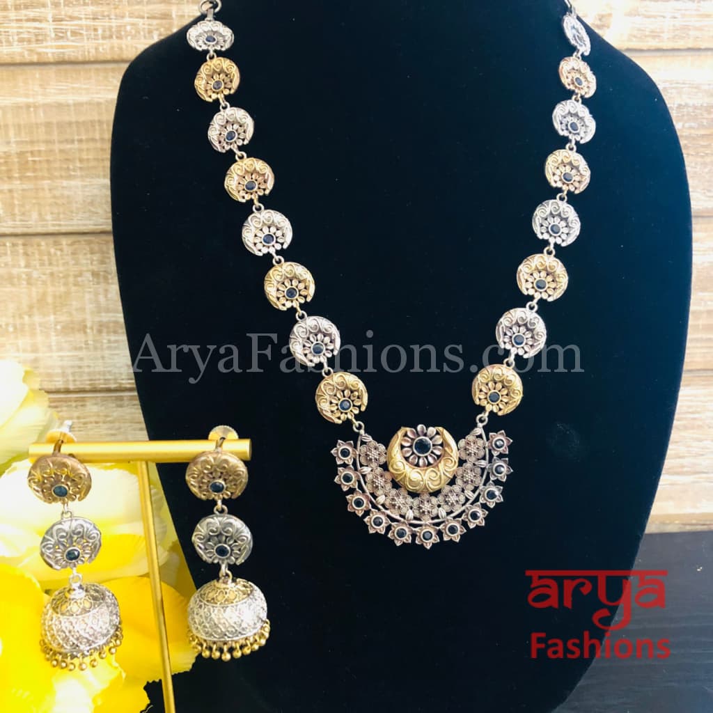 Dual tone Flower theme Oxidized Rajwadi Necklace with Golden beads Jhumkas
