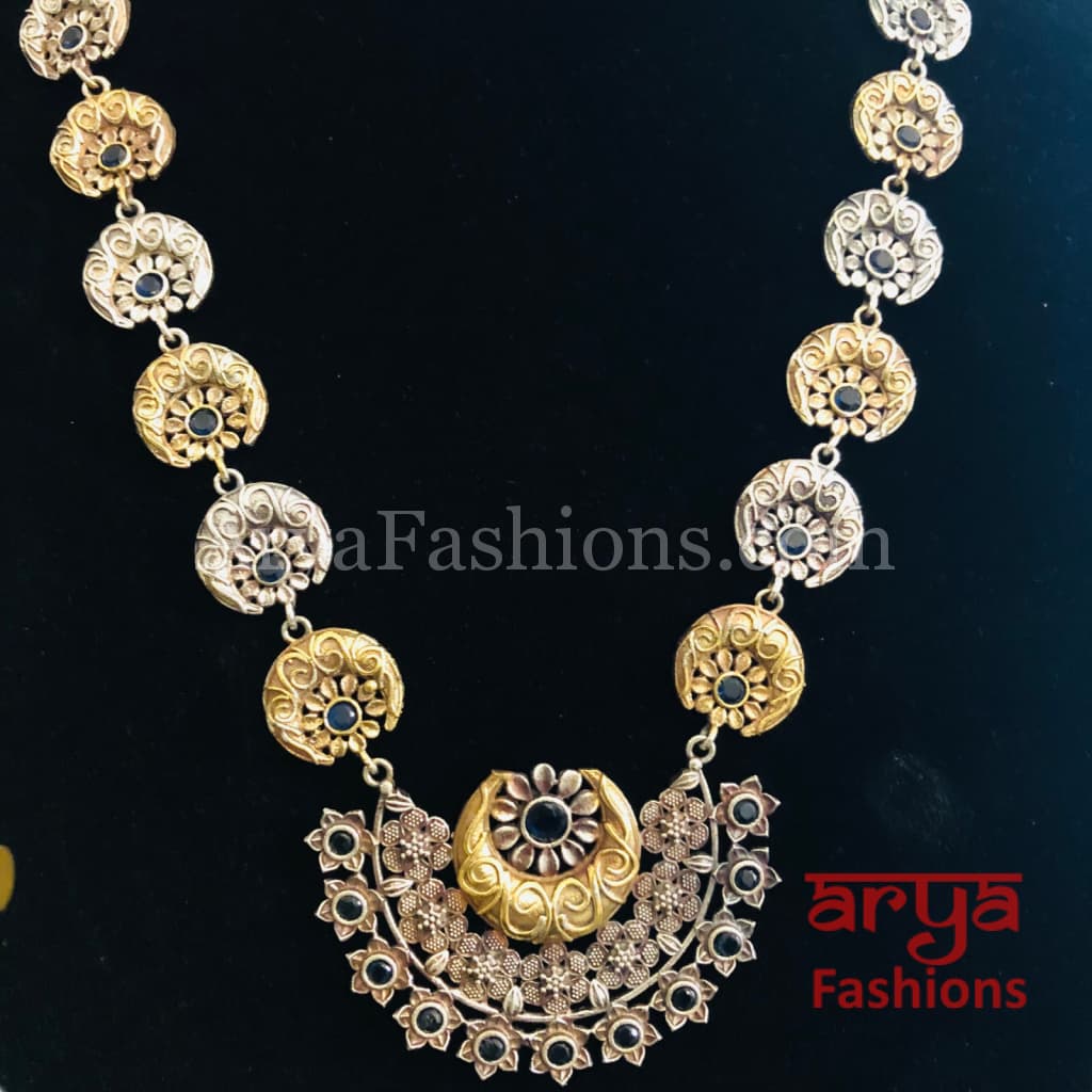 Dual tone Flower theme Oxidized Rajwadi Necklace with Golden beads Jhumkas
