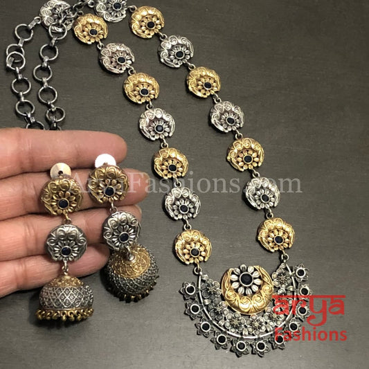 Dual tone Flower theme Oxidized Rajwadi Necklace with Golden beads Jhumkas