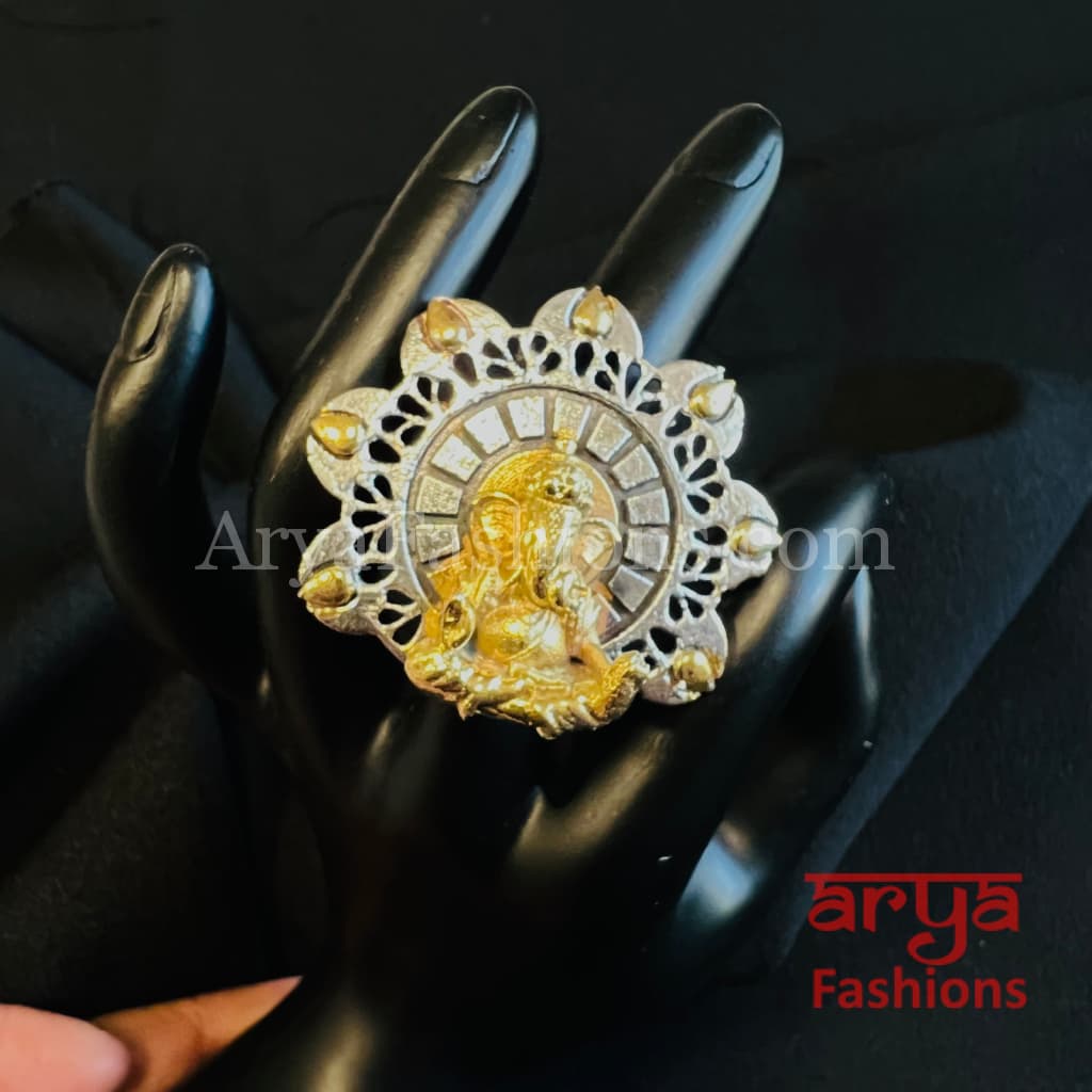 Dual Tone Ganesha Statement Ring/ Oxidized Silver Ethnic Adjustable Ring