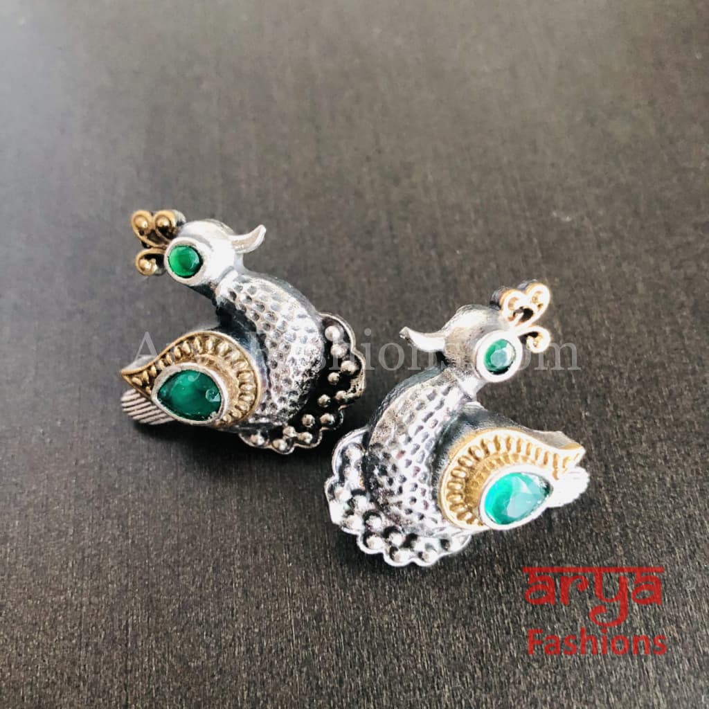 Dual Tone Golden Oxidized Bird Stud Earrings
