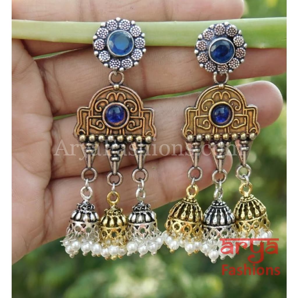 Dual Tone Oxidized Ethnic Earrings with colored stones