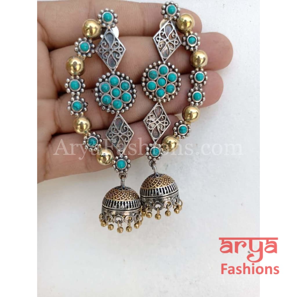 Dual Tone Oxidized Ethnic Earrings with Turquoise Blue Stones