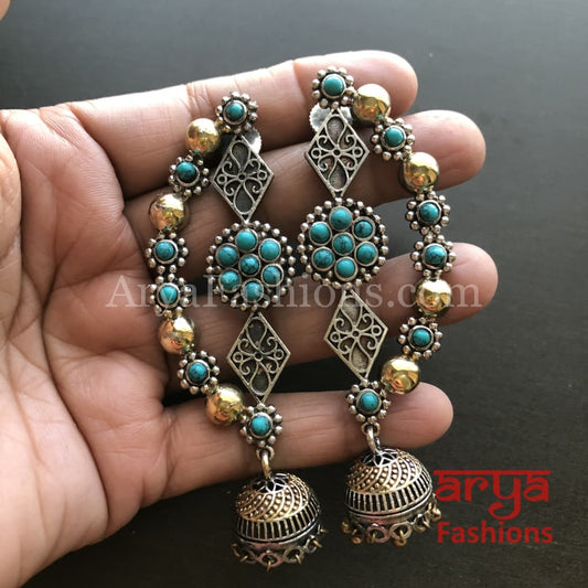 Dual Tone Oxidized Ethnic Earrings with Turquoise Blue Stones