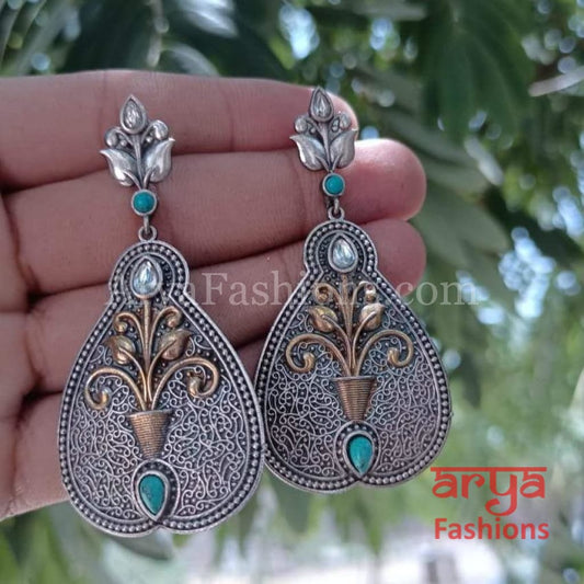 Dual Tone Oxidized Ethnic Earrings with Turquoise Blue Stones