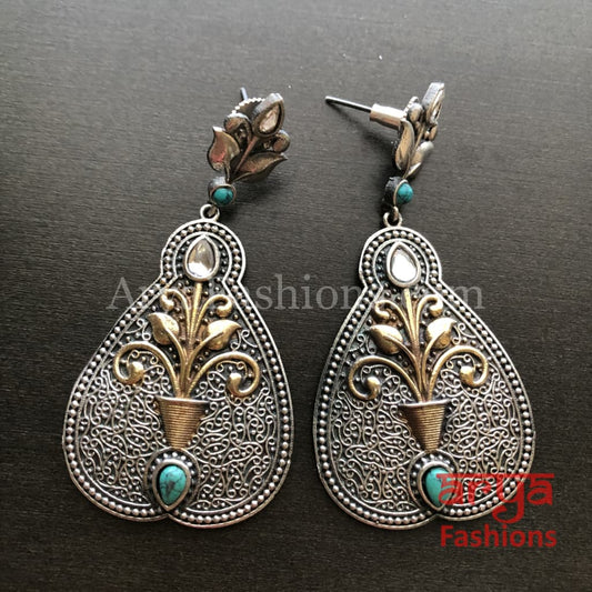 Dual Tone Oxidized Ethnic Earrings with Turquoise Blue Stones