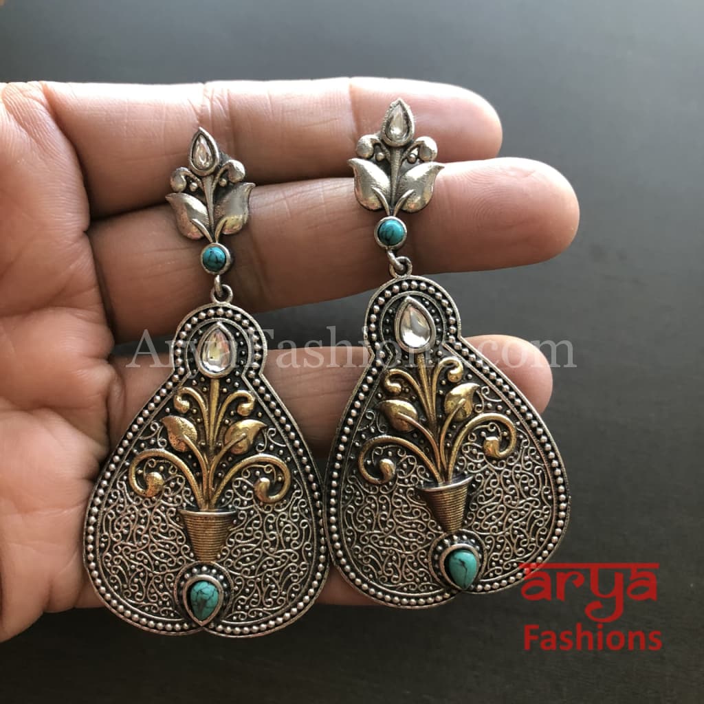 Dual Tone Oxidized Ethnic Earrings with Turquoise Blue Stones