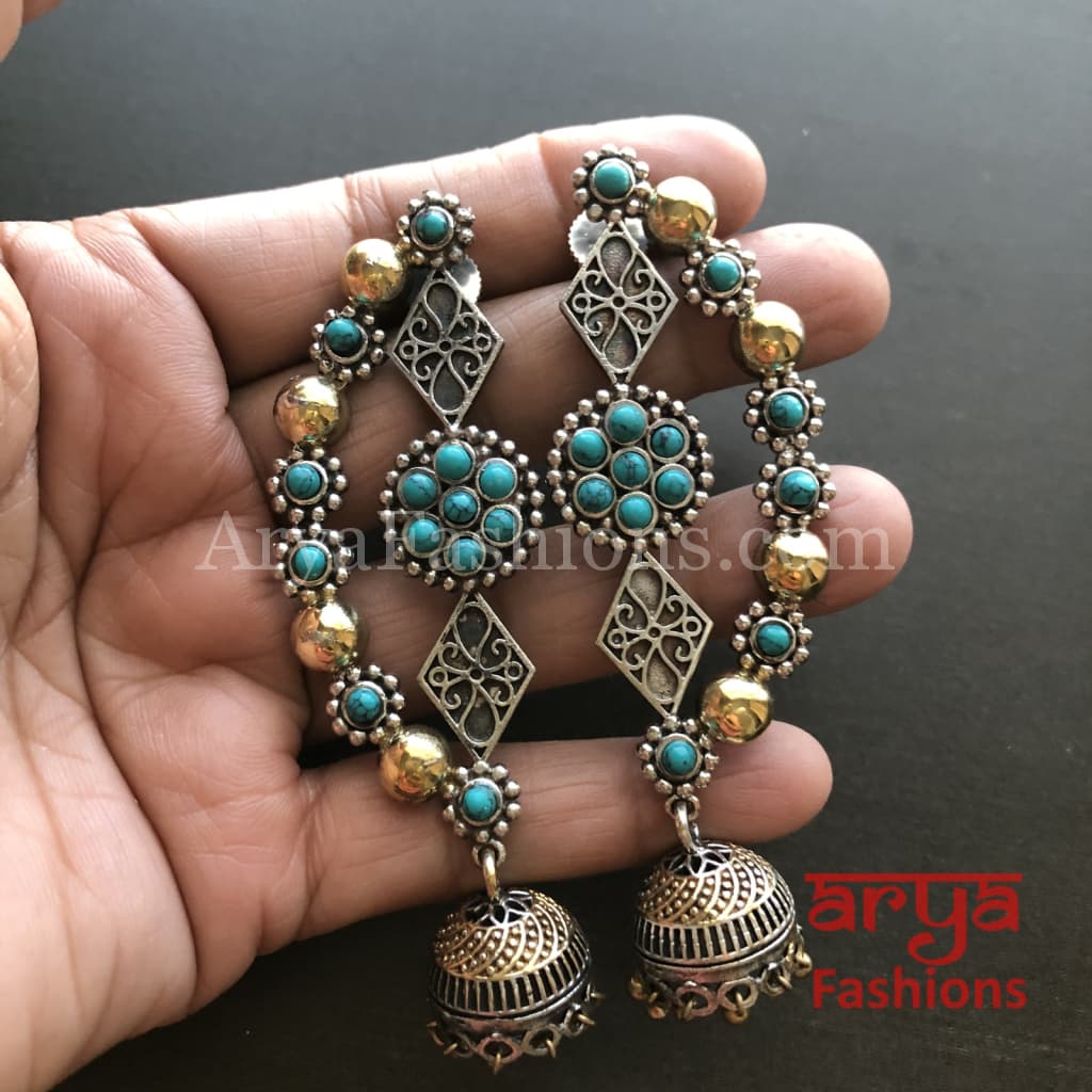 Dual Tone Oxidized Ethnic Earrings with Turquoise Blue Stones