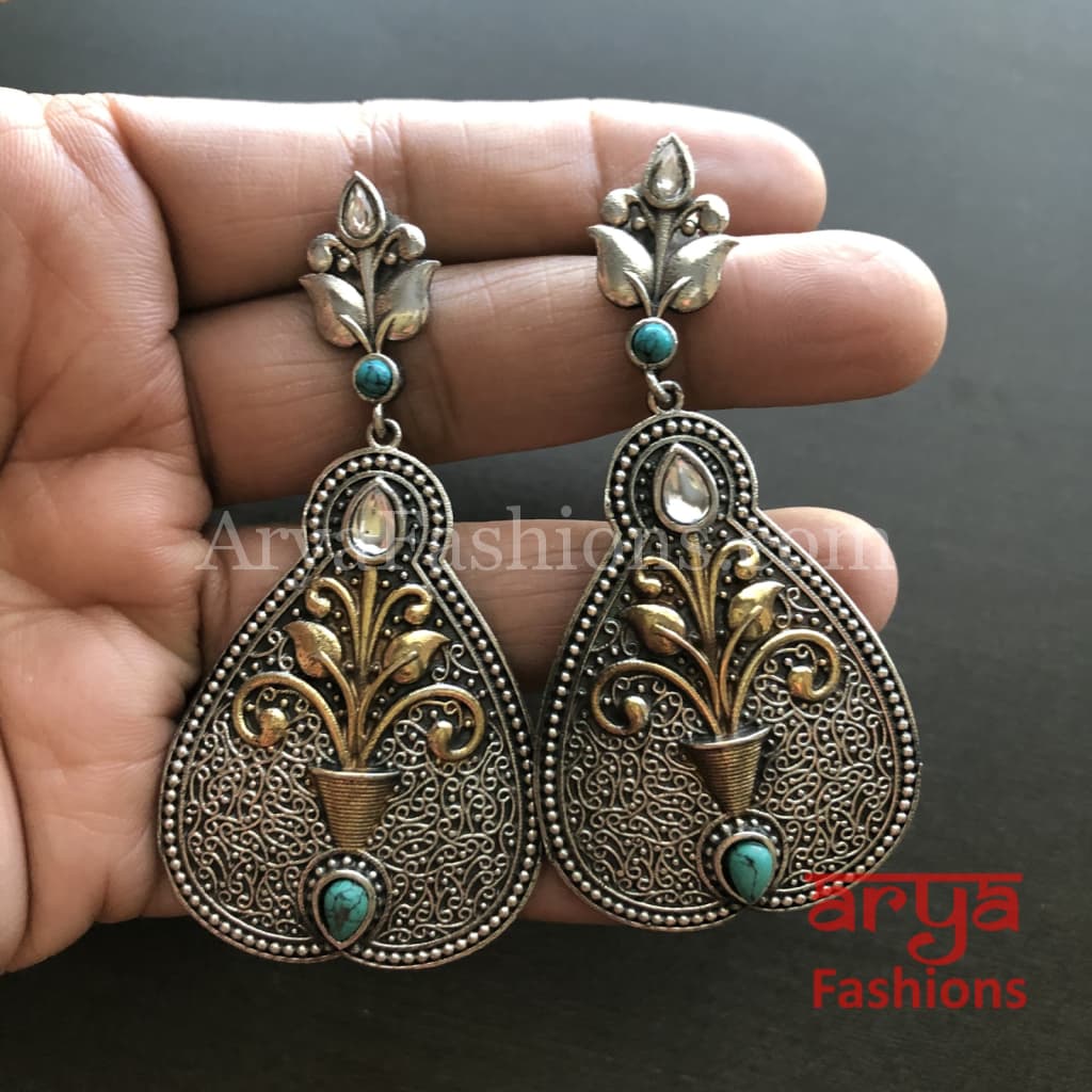 Dual Tone Oxidized Ethnic Earrings with Turquoise Blue Stones