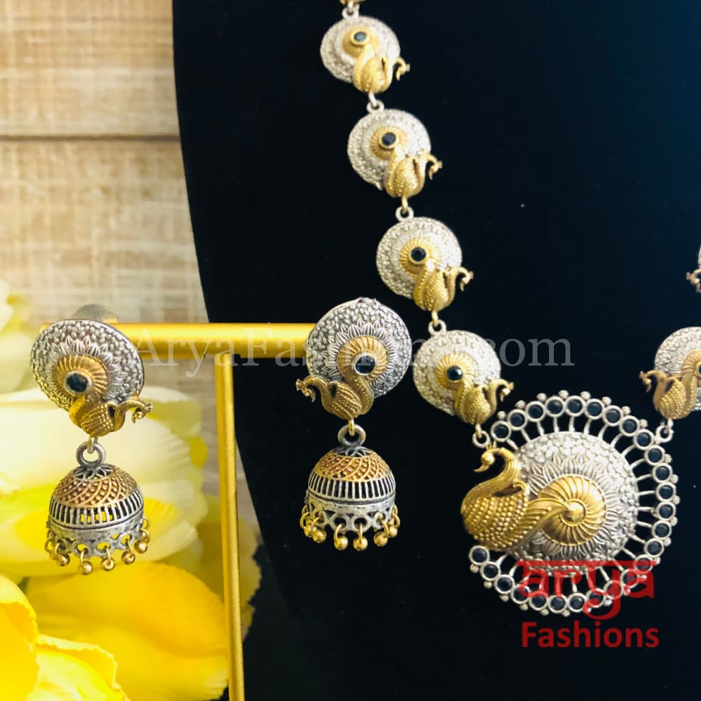 Dual tone Peacock theme Oxidized Rajwadi Necklace with Green White and Blue