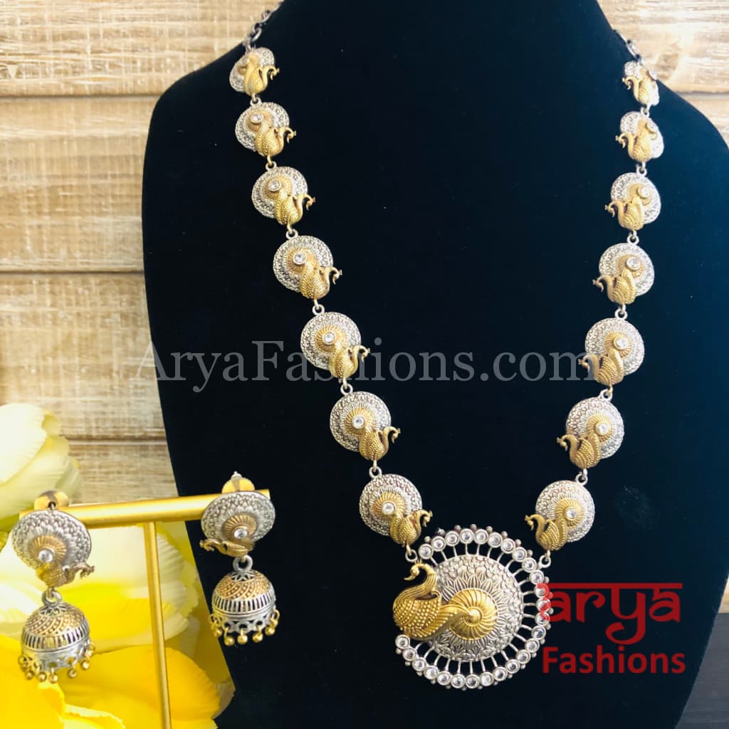 Dual tone Peacock theme Oxidized Rajwadi Necklace with Green White and Blue