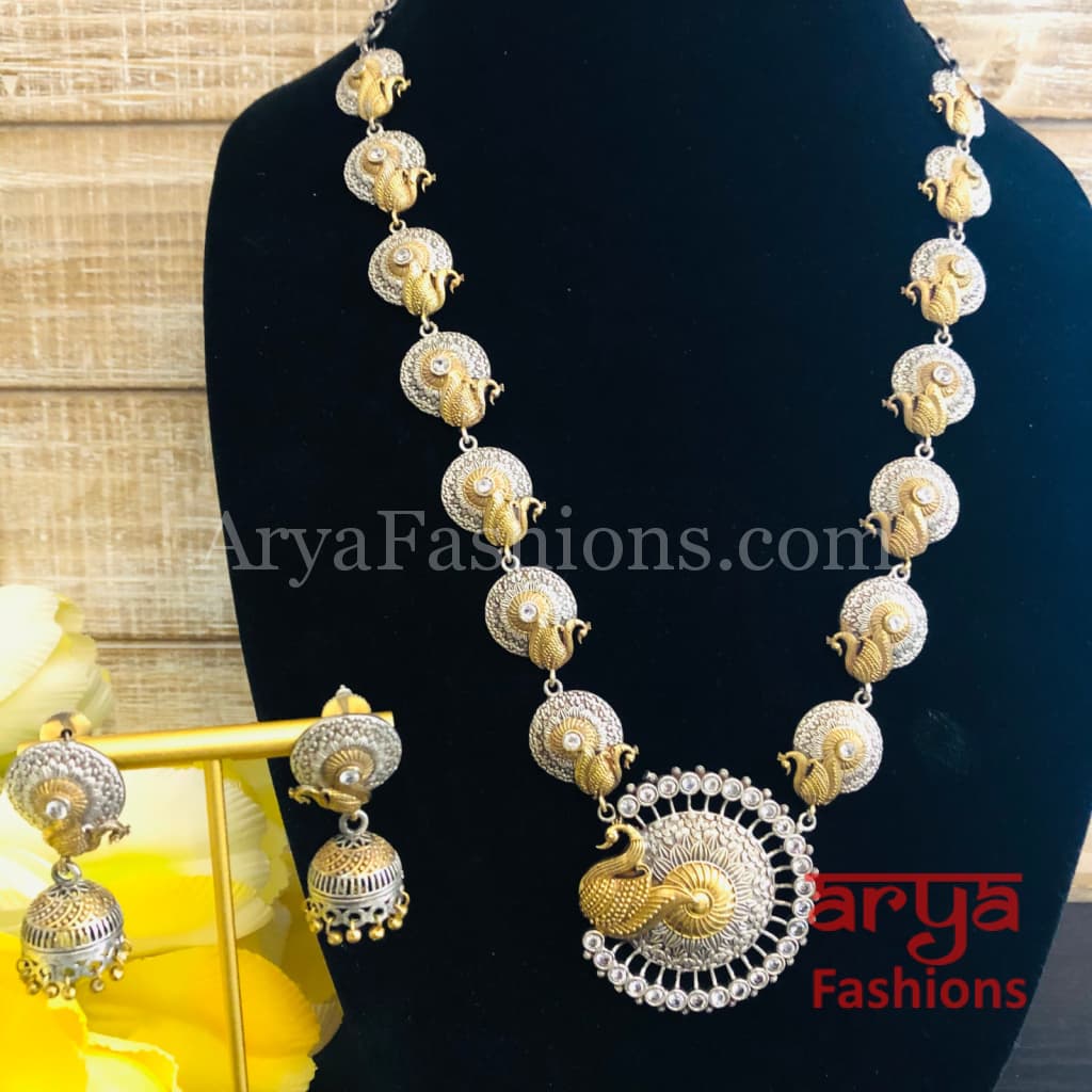 Dual tone Peacock theme Oxidized Rajwadi Necklace with Green White and Blue