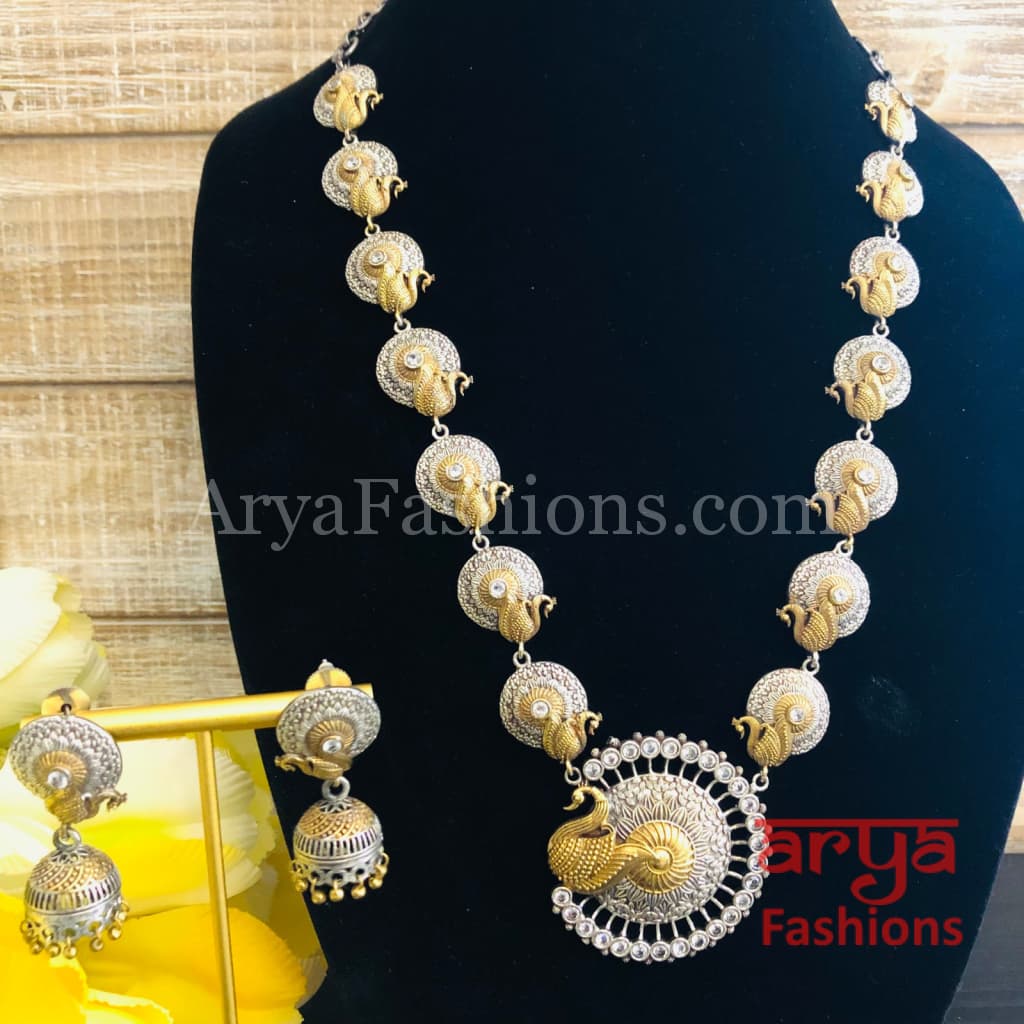 Dual tone Peacock theme Oxidized Rajwadi Necklace with Green White and Blue