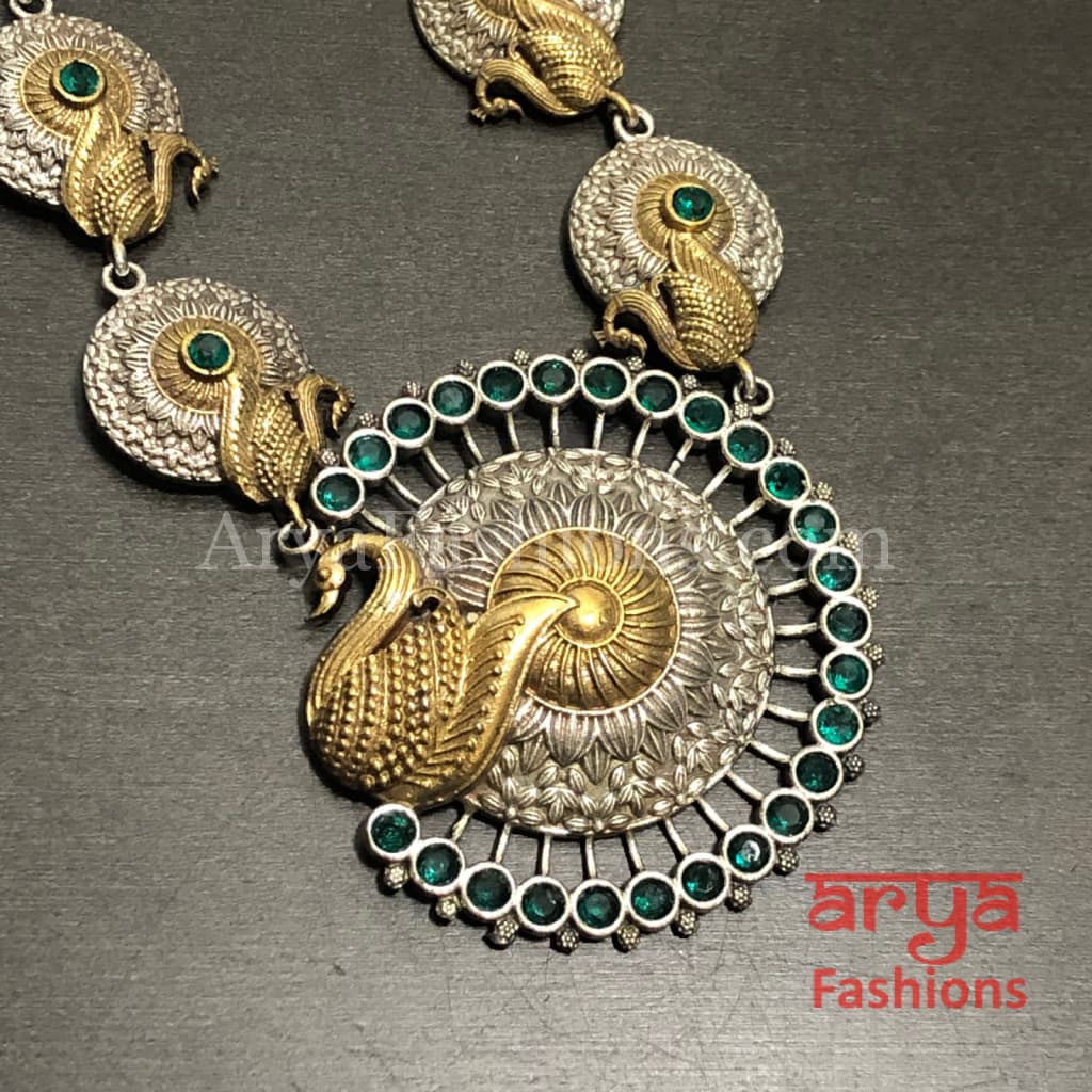 Dual tone Peacock theme Oxidized Rajwadi Necklace with Green White and Blue
