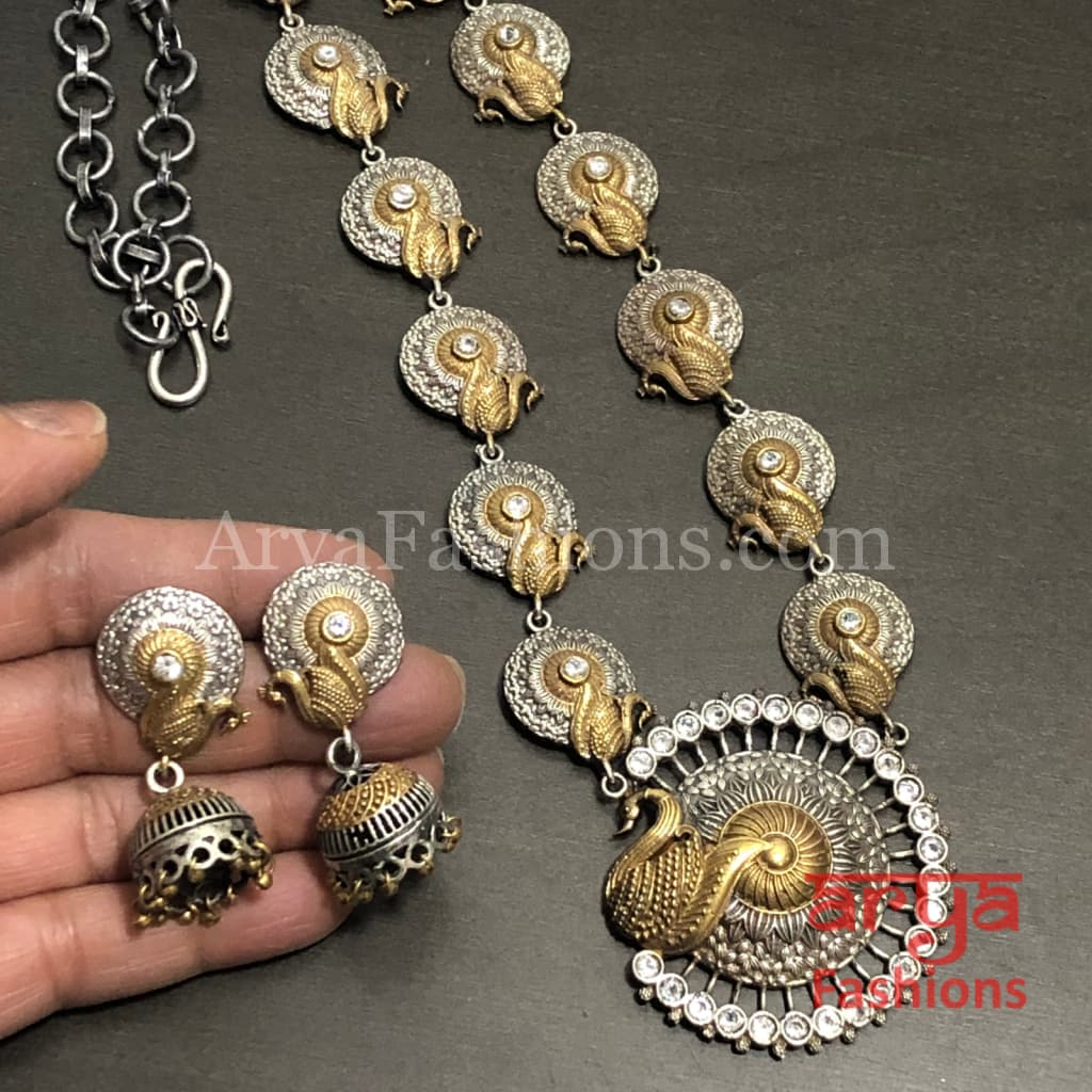 Dual tone Peacock theme Oxidized Rajwadi Necklace with Green White and Blue