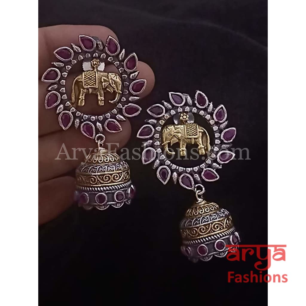 Dual Tone Silver Oxidized Elephant Ethnic Earrings