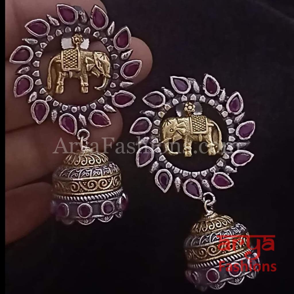 Dual Tone Silver Oxidized Elephant Ethnic Earrings
