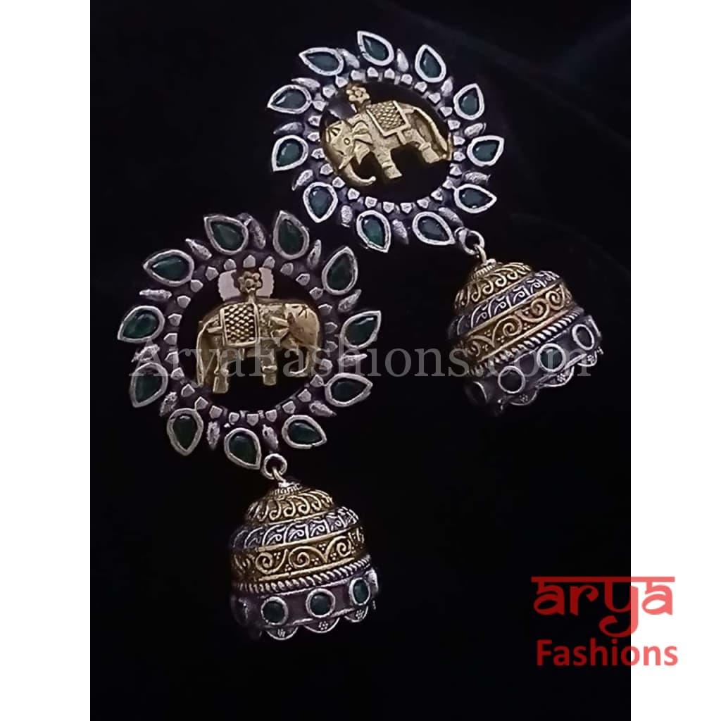 Dual Tone Silver Oxidized Elephant Ethnic Earrings