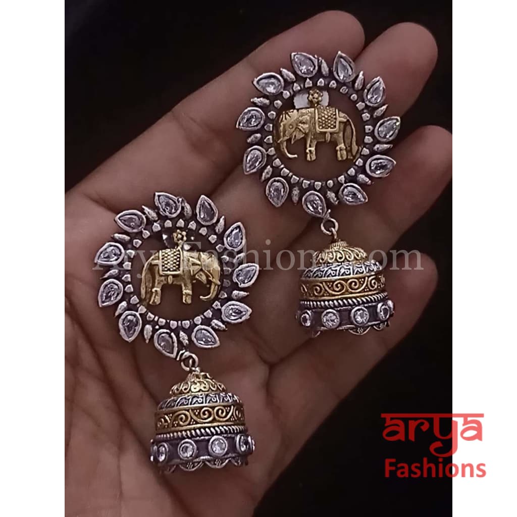 Dual Tone Silver Oxidized Elephant Ethnic Earrings