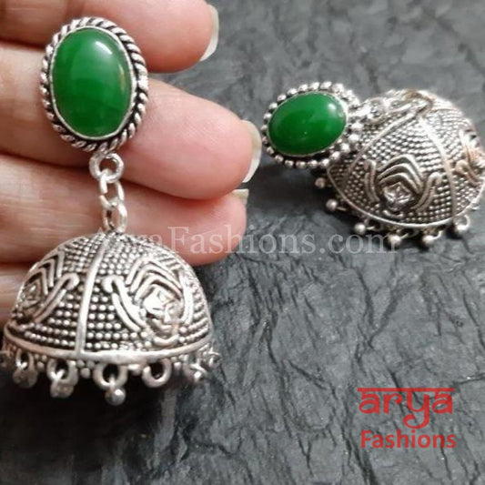 Dual Tone Silver Oxidized Ethnic Earrings with Green/Black Stones
