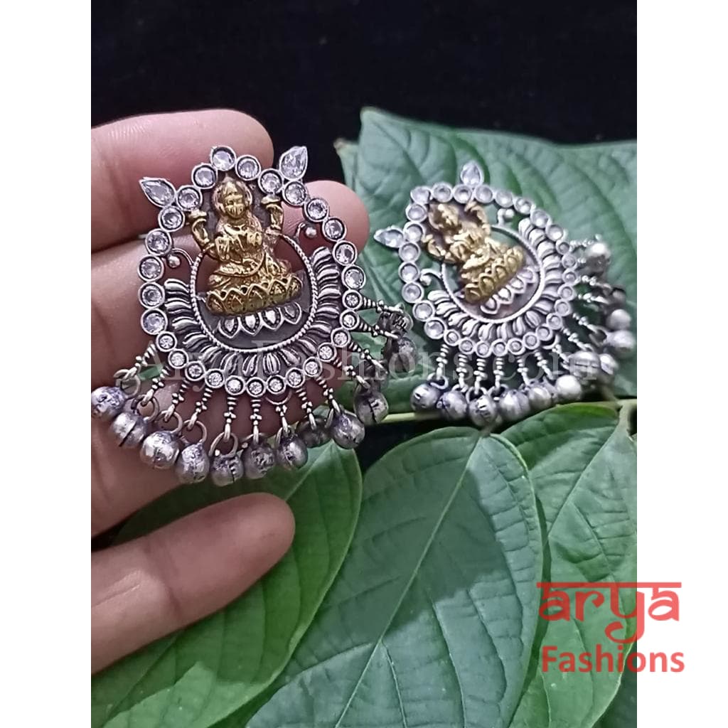 Dual Tone Silver Oxidized Laxmi Goddess Chandbali