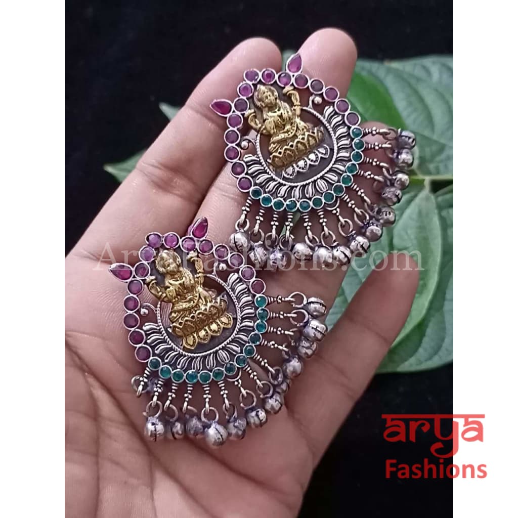 Dual Tone Silver Oxidized Laxmi Goddess Chandbali