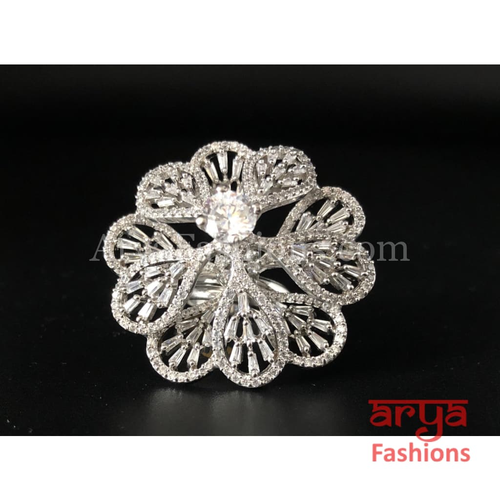 Elegant Cubic Zironia Flower Silver Ring