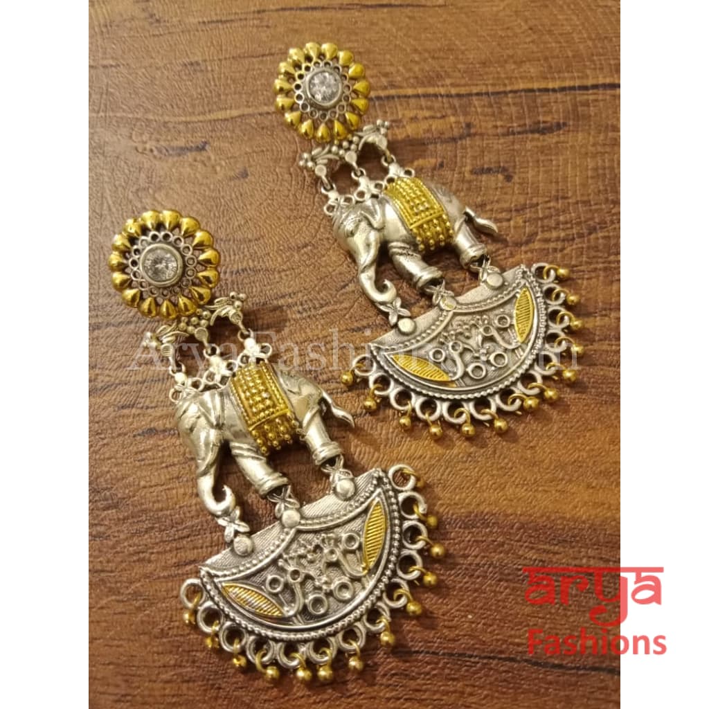 Elephant Theme Dual Tone Silver Oxidized Ethnic Earrings