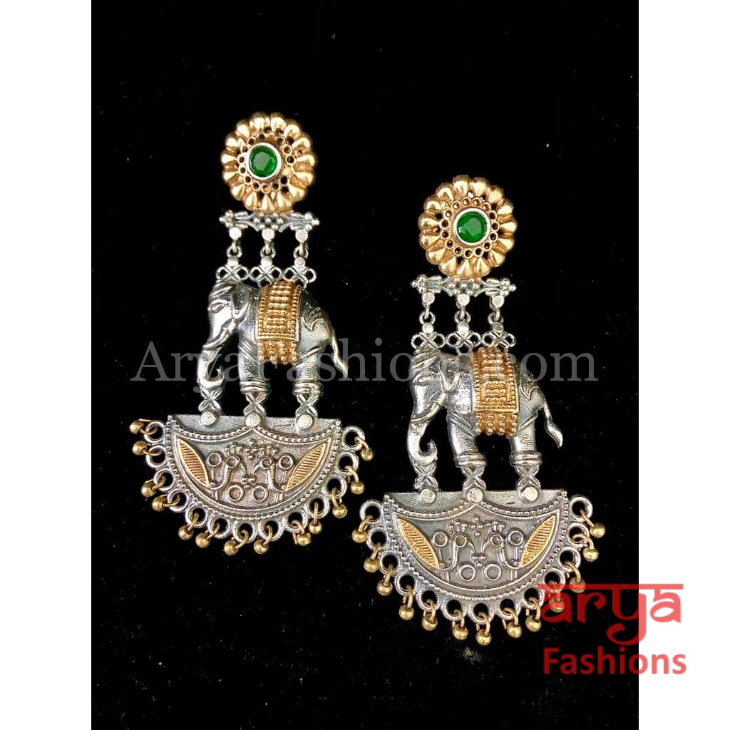 Elephant Theme Dual Tone Silver Oxidized Ethnic Earrings