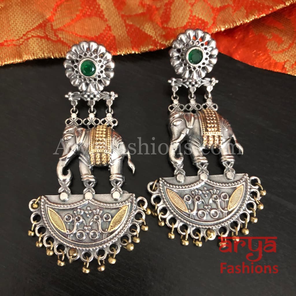 Elephant Theme Dual Tone Silver Oxidized Ethnic Earrings