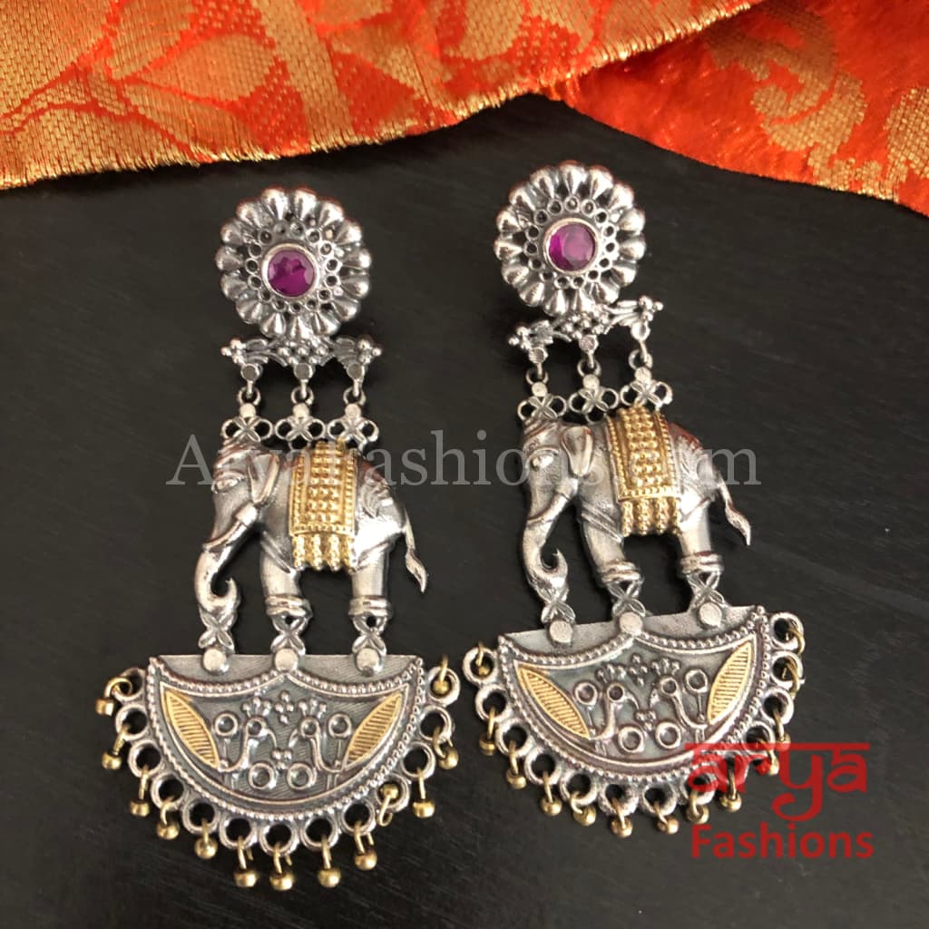 Elephant Theme Dual Tone Silver Oxidized Ethnic Earrings