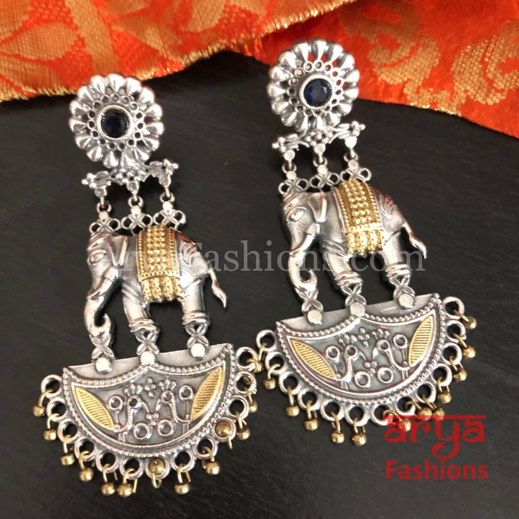Elephant Theme Dual Tone Silver Oxidized Ethnic Earrings