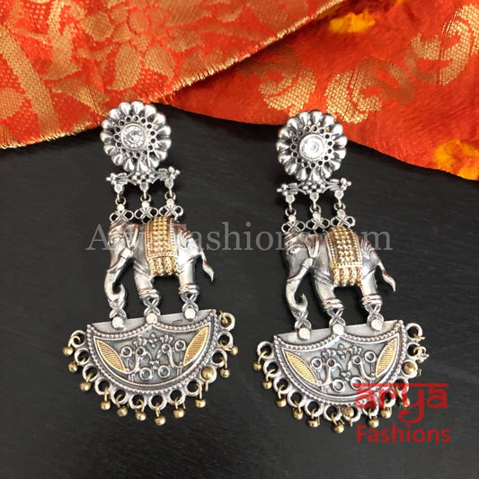 Elephant Theme Dual Tone Silver Oxidized Ethnic Earrings