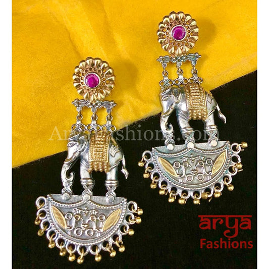 Elephant Theme Dual Tone Silver Oxidized Ethnic Earrings