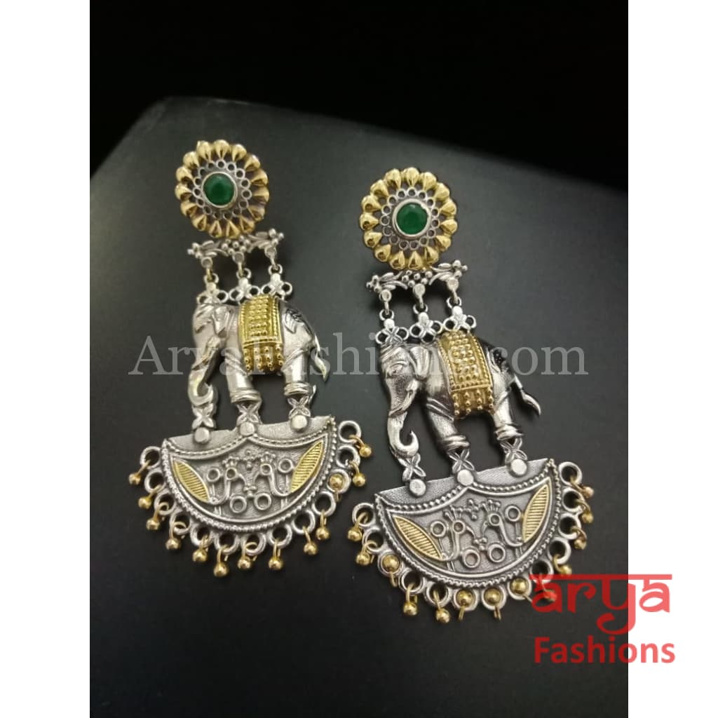 Elephant Theme Dual Tone Silver Oxidized Ethnic Earrings