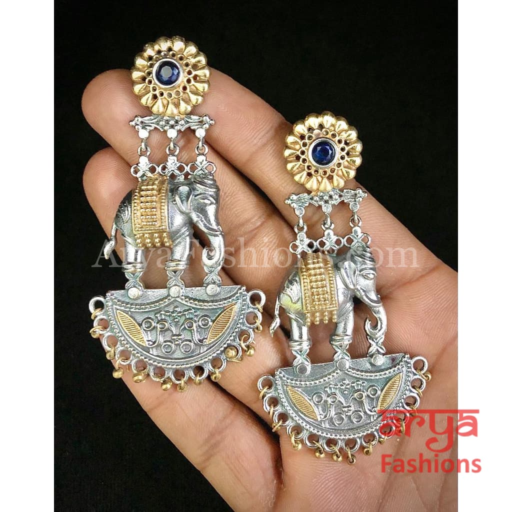 Elephant Theme Dual Tone Silver Oxidized Ethnic Earrings