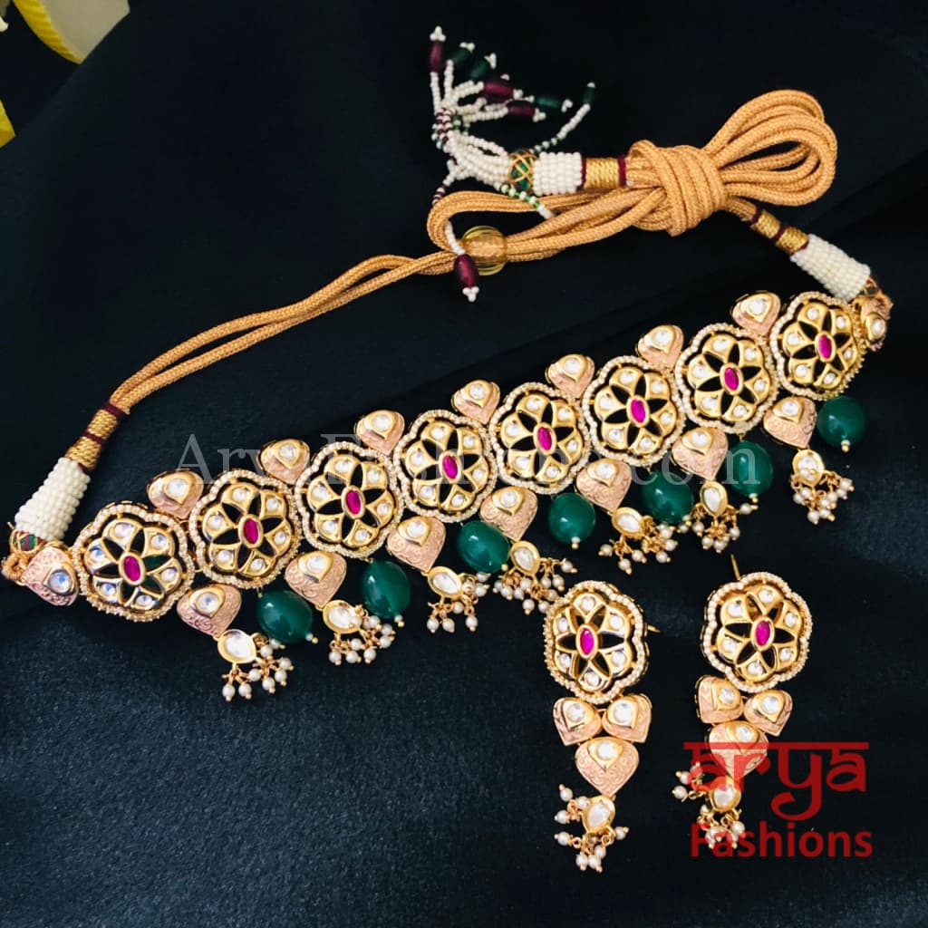 Emerald Pacchi Kundan Choker Necklace/ Rajwadi Meenakari Necklace