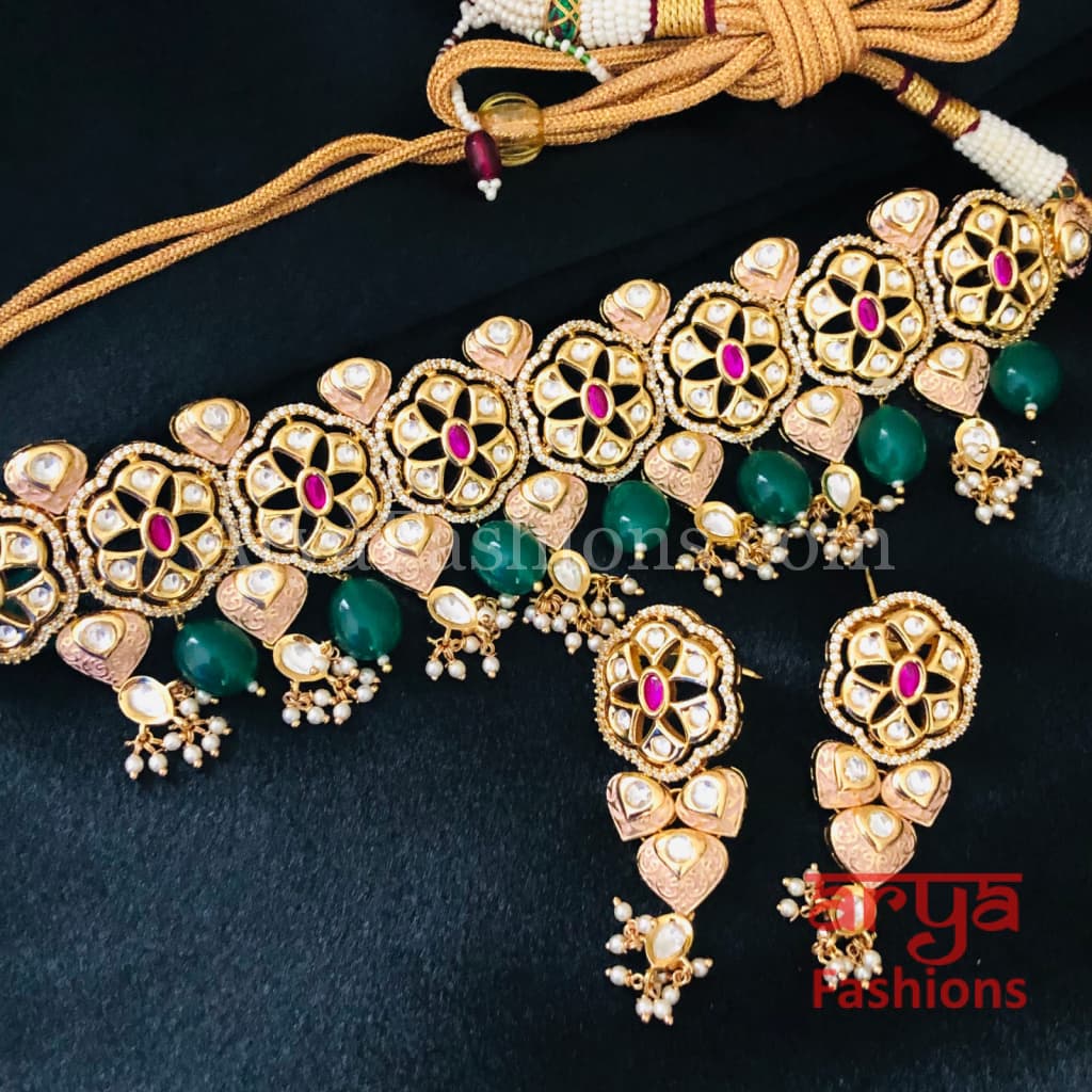 Emerald Pacchi Kundan Choker Necklace/ Rajwadi Meenakari Necklace